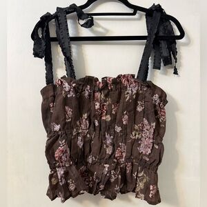 H&M x Brock Collection Floral Brown Ruffle Top